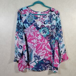 04195 Chico's pink & blue flutter sleeve floral print blouse 3 XL